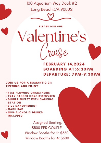 Romantic Valentine's Day Cruise with Live Saxophonist aboard La Espada from LONG BEACH 2/14/24, Ages 21+